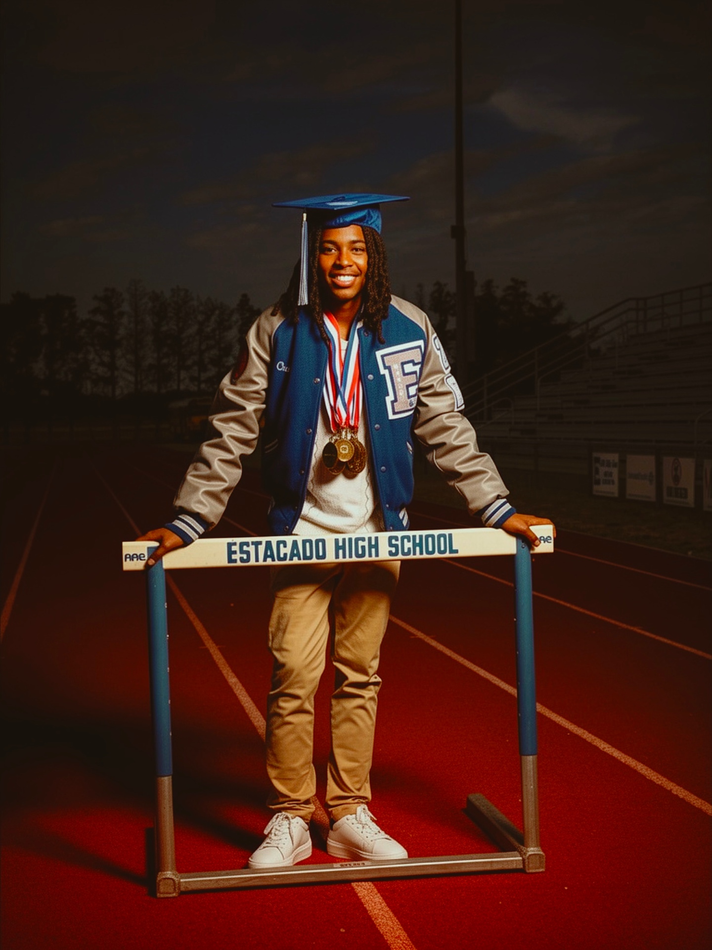 Senior graduation portrait on the track in cap, gown and letterman jacket